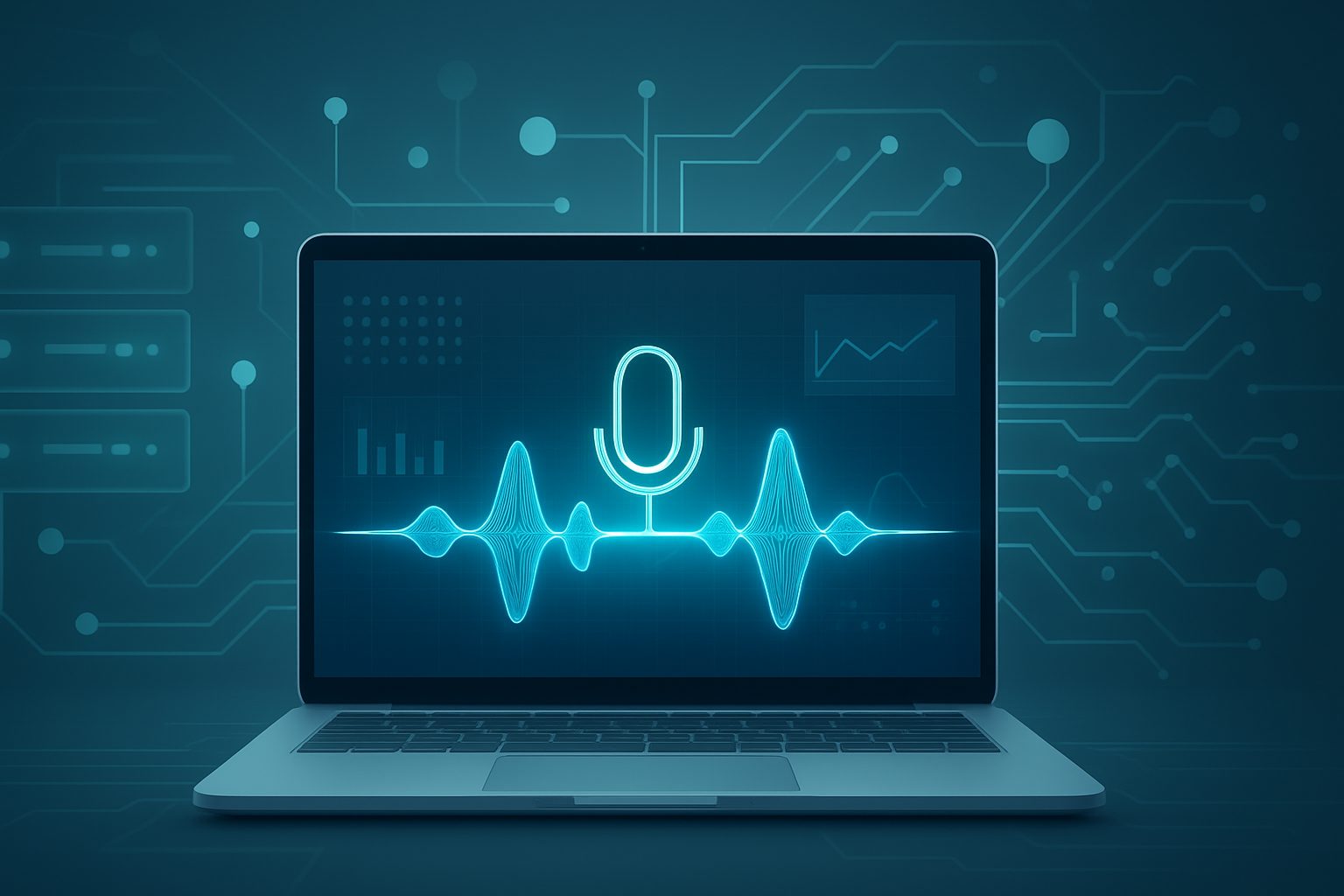 A laptop display showing a microphone icon and sound wave visualizations against a tech-themed background.